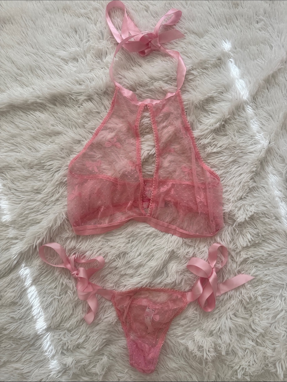 Sugar thrillz Pink Sheer Lace/mesh bow pattern Halter Bralette/ribbon tie panty